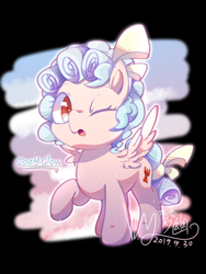 Size: 900x1200 | Tagged: safe, artist:梦幽, imported from derpibooru, cozy glow, pegasus, pony, black background, bow, character name, female, filly, foal, hair ribbon, one eye closed, open mouth, raised hoof, ribbon, signature, simple background, solo, spread wings, tail, tail bow, wings