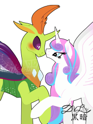 Size: 1536x2048 | Tagged: safe, artist:dark-x-light, imported from derpibooru, princess flurry heart, thorax, changedling, changeling, to where and back again, bedroom eyes, blushing, changeling king, crack shipping, eye contact, female, flurrax, holding hooves, king thorax, looking at each other, looking at someone, male, my little pony, older, raised hoof, shipping, simple background, smiling, spread wings, straight, transparent background, watermark, wings