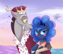 Size: 3100x2681 | Tagged: safe, artist:elementalokami, imported from derpibooru, discord, princess luna, alicorn, draconequus, pony, the cutie re-mark, alternate timeline, blush sticker, blushing, cape, chaos, chaotic timeline, clothes, clown, clown luna, crown, discorded landscape, embarrassed, female, heart, jewelry, king discord, lunacord, male, mare, my little pony, regalia, shipping, straight, tongue out