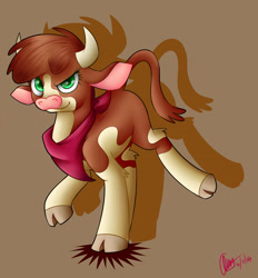 Size: 2743x2957 | Tagged: safe, artist:mysteryart716, imported from derpibooru, cow, them's fightin' herds, arizona (tfh), bandana, brown background, cloven hooves, community related, dreamworks face, female, leg fluff, looking at you, signature, simple background, solo