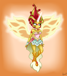 Size: 1600x1800 | Tagged: safe, artist:queentigrel, imported from derpibooru, sunset shimmer, equestria girls, art trade, breasts, clothes, daydream shimmer, dress, female, fiery shimmer, fiery wings, gradient background, lidded eyes, smiling, solo, spread wings, wings