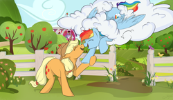 Size: 4889x2842 | Tagged: safe, artist:rutkotka, imported from derpibooru, applejack, rainbow dash, earth pony, pegasus, pony, apple, apple orchard, apple tree, appledash, boop, cloud, commission, female, fence, flower, food, lesbian, lying down, lying on a cloud, mare, noseboop, nuzzling, on a cloud, orchard, shipping, sweet apple acres, tree