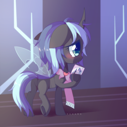 Size: 2500x2500 | Tagged: safe, artist:riouku, imported from derpibooru, shining armor, oc, oc only, changeling, changepony, hybrid, blue changeling, blushing, crying, cute, cuteling, featureless crotch, female, floppy ears, interspecies offspring, mare, offspring, parent:queen chrysalis, parent:shining armor, parents:shining chrysalis, photo, solo, underhoof