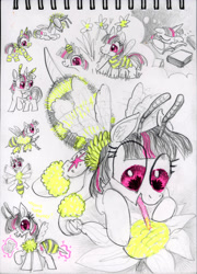 Size: 3248x4500 | Tagged: safe, artist:ja0822ck, imported from derpibooru, twilight sparkle, alicorn, bee, bug pony, insect, pony, unicorn, flower, food, honey, horn, traditional art