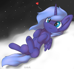 Size: 3000x2800 | Tagged: safe, artist:dbleki, imported from derpibooru, princess luna, alicorn, pony, chest fluff, cloud, cute, female, filly, filly luna, floating heart, fluffy, foal, happy, heart, lying down, on a cloud, on back, prone, solo, stars, woona, younger