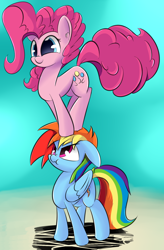 Size: 1050x1600 | Tagged: safe, artist:madacon, imported from derpibooru, pinkie pie, rainbow dash, earth pony, pegasus, pony, annoyed, female, floppy ears, mare, pony pile, scrunchy face, standing on head, tower of pony