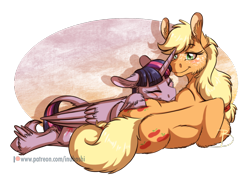 Size: 2100x1536 | Tagged: safe, artist:inuhoshi-to-darkpen, imported from derpibooru, applejack, twilight sparkle, alicorn, earth pony, pony, abstract background, blushing, cuddling, female, horn, lesbian, mare, pony pillow, shipping, simple background, sleeping, smiling, transparent background, twijack, twilight sparkle (alicorn), unshorn fetlocks, wings