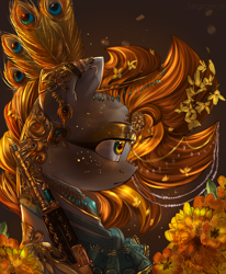 Size: 2316x2809 | Tagged: safe, artist:segraece, imported from derpibooru, oc, oc only, oc:golden rain, pegasus, pony, ak-47, akm, assault rifle, beautiful, bust, clothes, detailed, feather, female, flower, flower in hair, glitter, gold, gun, jewelry, jewelry porn, looking away, mare, peacock feathers, portrait, profile, rifle, solo, weapon