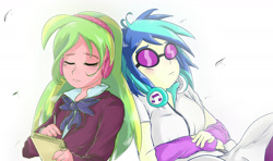 Size: 1600x950 | Tagged: safe, artist:amazingpuffhair, imported from derpibooru, dj pon-3, lemon zest, vinyl scratch, equestria girls, duo, female, headphones, lemonscratch, lesbian, my little pony equestria girls: friendship games, sharing headphones, shipping, sunglasses