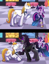 Size: 1100x1420 | Tagged: safe, artist:patty-plmh, imported from derpibooru, king sombra, prince blueblood, twilight sparkle, alicorn, pony, female, grand galloping gala, love triangle, male, shipping, straight, twiblood, twibra, twilight sparkle (alicorn), twilight sparkle gets all the stallions