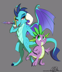 Size: 1858x2160 | Tagged: safe, artist:archaspect, artist:elicitie, imported from derpibooru, princess ember, spike, dragon, bloodstone scepter, dragon lord ember, dragoness, duo, duo male and female, female, gray background, looking at each other, looking at someone, male, simple background, smiling, spread wings, wingless spike, wings