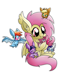 Size: 2950x3135 | Tagged: safe, artist:amberlea-draws, imported from derpibooru, applejack, fluttershy, pinkie pie, rainbow dash, rarity, twilight sparkle, bat pony, pony, bat ponified, cute, dashabetes, diapinkes, female, flutterbat, fluttermom, jackabetes, mare, micro, race swap, raribetes, shyabates, shyabetes, simple background, tiny, tiny ponies, transparent background, twiabetes, watermark, weapons-grade cute