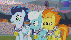 Size: 1266x720 | Tagged: safe, imported from derpibooru, screencap, fleetfoot, soarin', spitfire, pegasus, pony, cringing, do not want, equestria games, female, male, mare, my little pony, reaction image, shocked, stallion, surprised, trio