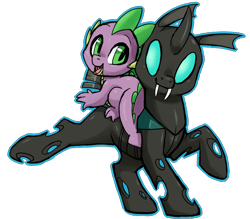 Size: 2285x2000 | Tagged: safe, artist:amphleur-de-lys, artist:starampharos, imported from derpibooru, spike, thorax, changeling, the times they are a changeling, cute, dragons riding changelings, duo, my little pony, raised hoof, riding, simple background, smiling, spike riding thorax, transparent background