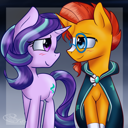 Size: 2000x2000 | Tagged: safe, artist:yoshiyoshi700, imported from derpibooru, starlight glimmer, sunburst, pony, unicorn, blushing, cloak, clothes, female, horn, looking at each other, looking at someone, male, mare, robe, shipping, signature, simple background, smiling, stallion, starburst, straight, sunburst's cloak, wrong eye color