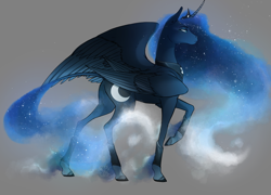 Size: 1600x1150 | Tagged: safe, artist:bootsdotexe, imported from derpibooru, princess luna, alicorn, pony, comic:beyond our borders, alternate universe, colored fetlocks, ethereal fetlocks, ethereal mane, female, four wings, gray background, mare, multiple wings, raised hoof, realistic horse legs, simple background, solo, starry mane, unshorn fetlocks, wings