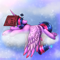 Size: 2000x2000 | Tagged: safe, artist:northlights8, imported from derpibooru, twilight sparkle, alicorn, pony, book, bored, cloud, female, floppy ears, grumpy, grumpy twilight, horn, horn impalement, lying down, prone, signature, solo, spread wings, twilight sparkle (alicorn), underhoof, wings