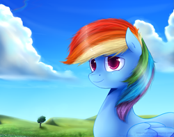 Size: 1215x958 | Tagged: safe, artist:blacky-moon, imported from derpibooru, rainbow dash, cloud, cute, dashabetes, female, grass, smiling, solo, tree