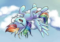 Size: 1200x848 | Tagged: safe, artist:moenkin, imported from derpibooru, rainbow dash, cloud, cloudy, drool, female, lying down, lying on a cloud, on a cloud, sleeping, snoring, solo