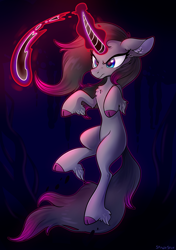 Size: 2400x3400 | Tagged: safe, artist:spindlespice, imported from derpibooru, classical unicorn, pony, unicorn, them's fightin' herds, cloven hooves, commission, community related, dark background, dark magic, female, horn, leonine tail, magic, oleander (tfh), solo, tail, unshorn fetlocks