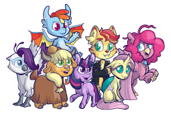 Size: 1434x972 | Tagged: safe, artist:lucheek, imported from derpibooru, applejack, fluttershy, pinkie pie, rainbow dash, rarity, sunset shimmer, twilight sparkle, abyssinian, anthro, changedling, changeling, classical hippogriff, dragon, griffon, hippogriff, pony, unicorn, yak, abyssinianized, alternate universe, appleyak, changedlingified, changelingified, classical hippogriffied, cloven hooves, colored hooves, cute, dashabetes, diapinkes, dragoness, dragonified, ear fluff, female, flutterling, griffarity, griffonized, hippo pie, hippogriffied, hooves, horn, jackabetes, jewelry, mane six, necklace, nyanset shimmer, rainbow dragon, raribetes, shimmerbetes, simple background, species swap, transparent background, twiabetes, unicorn twilight, yakified