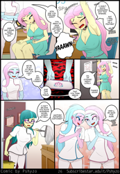 Size: 1485x2144 | Tagged: safe, artist:pshyzomancer, imported from derpibooru, aloe, fluttershy, juniper montage, lotus blossom, human, comic:tactile response, equestria girls, armpits, blushing, breasts, bucket, busty fluttershy, chair, choker, cleavage, clothes, dialogue, door, eyes closed, menacing, mop, oblivious, room, spa, speech bubble, stretching, text, uniform, waking up, yawn