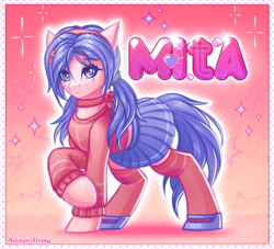 Size: 2200x2000 | Tagged: safe, artist:adagiostring, imported from derpibooru, oc, oc only, earth pony, pony, clothes, crossover, fanart, female, game, looking at you, miside, mita (miside), ponified, skirt, socks, solo, solo female, standing, text, thigh highs