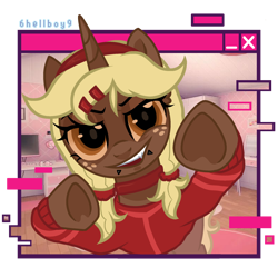 Size: 2048x2048 | Tagged: safe, artist:6hellboy9, imported from derpibooru, oc, oc only, oc:kesha, unicorn, clothes, cosplay, costume, freckles, horn, miside, mita, unicorn oc