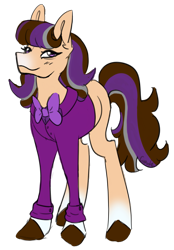 Size: 1139x1634 | Tagged: safe, artist:cupute, imported from derpibooru, earth pony, pony, bangs, beige coat, blush lines, blushing, bowtie, brown hooves, brown mane, brown tail, button-up shirt, clothes, eye wrinkles, female, fluffy hair, full body, gradient hooves, gradient muzzle, headcanon in the description, long legs, looking at you, multicolored hair, multicolored mane, multicolored tail, png, purple eyes, shirt, simple background, smiling, smirk, solo, solo female, tail, thin legs, transparent background, unnamed character, unnamed pony, wild manes