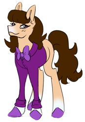 Size: 1139x1634 | Tagged: safe, artist:cupute, imported from derpibooru, earth pony, pony, bangs, beige coat, blush lines, blushing, bowtie, brown mane, brown tail, button-up shirt, clothes, eye wrinkles, female, fluffy hair, full body, gradient hooves, gradient muzzle, headcanon in the description, long legs, looking at you, png, purple eyes, purple hooves, shirt, simple background, smiling, smirk, solo, solo female, tail, thin legs, transparent background, unnamed character, unnamed pony, wild manes