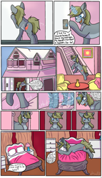 Size: 2000x3500 | Tagged: safe, artist:deadsmoke, imported from derpibooru, oc, oc:alabaster, unicorn, comic:sweet morning wood, architecture, bed, bedroom, comic, commission, horn, house, hug, magic, pillow, pillow hug, smiling, stairs, tail, tail wag