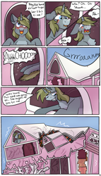 Size: 2000x3500 | Tagged: safe, artist:deadsmoke, imported from derpibooru, oc, oc:alabaster, unicorn, comic:sweet morning wood, architecture, comic, commission, furniture abuse, groan, horn, house, smiling, sneezing