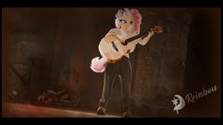 Size: 4800x2700 | Tagged: safe, artist:reinbou, imported from derpibooru, oc, oc only, oc:hope gate, anthro, 3d, blender, blender cycles, destiny of equestria, guitar, musical instrument, solo