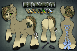 Size: 3580x2380 | Tagged: safe, artist:dewdropinn, imported from derpibooru, oc, oc:buckshot, earth pony, pony, butt, commission, corset piercing, dock, piercing, plot, reference sheet, solo, tail