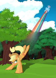 Size: 1289x1780 | Tagged: safe, artist:agreylongma, imported from derpibooru, applejack, rainbow dash, earth pony, pegasus, pony, applejack's hat, cloud, cowboy hat, duo, duo female, female, field, hat, mare, rainbow trail, tree, wings, yeet