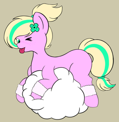 Size: 1674x1725 | Tagged: safe, artist:sweetshadow, imported from derpibooru, oc, oc only, oc:emerald bubble, earth pony, pony, :p, clothes, cloud, female, flower, flower in hair, freckles, leg warmers, looking at you, lying down, lying on a cloud, on a cloud, one eye closed, simple background, solo, solo female, tongue out, wink