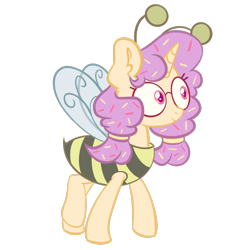 Size: 1926x1927 | Tagged: safe, artist:cupute, imported from derpibooru, oc, oc:fluffy dough, pony, unicorn, animal costume, antennae, bee costume, big ears, clothed ponies, clothes, costume, ear fluff, female, food, forced smile, glasses, horn, insect wings, looking to the left, mare, pigtails, pink eyes, png, purple mane, show accurate, silly, silly pony, simple background, smiling, solo, solo female, sprinkles, striped horn, transparent background, trotting, wings, yellow coat