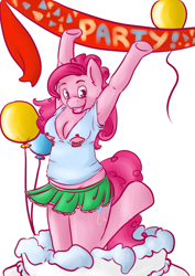 Size: 723x1023 | Tagged: safe, artist:skywriter, imported from derpibooru, pinkie pie, anthro, unguligrade anthro, 2011, balloon, breasts, cleavage, clothes, old art, open mouth, skirt