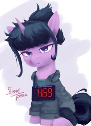 Size: 863x1200 | Tagged: safe, artist:some_ponu, imported from twibooru, oc, oc only, pony, unicorn, clothes, female, image, mare, n-word, needs more jpeg, signature, sitting, solo