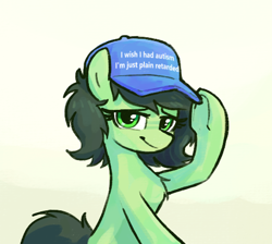 Size: 504x451 | Tagged: safe, artist:plunger, imported from twibooru, oc, oc only, oc:filly anon, earth pony, pony, cap, female, filly, hat, image, please be patient i have autism, png, raised hoof, simple background, solo, vulgar, white background