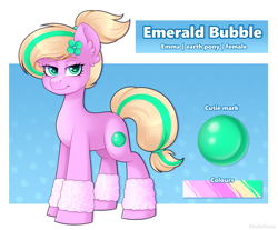 Size: 4076x3371 | Tagged: safe, artist:madelinne, imported from derpibooru, oc, oc only, oc:emerald bubble, earth pony, pony, clothes, female, flower, flower in hair, leg warmers, looking at you, mare, ponytail, reference sheet, solo