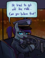 Size: 800x1030 | Tagged: safe, artist:plunger, imported from twibooru, pony, bus driver, call of duty: black ops 2, clothes, dialogue, female, image, mare, needs more jpeg, parody, solo, speech bubble, talking to viewer, the ride never ends