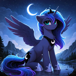 Size: 1024x1024 | Tagged: safe, imported from twibooru, princess luna, alicorn, pony, ai content, ai generated, chest fluff, female, full body, generator:zoinksnoob, image, jewelry, looking at you, mare, moon, night, png, prompter:pawels, regalia, scenery, sitting, solo, solo female, spread wings, stars, wings