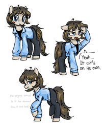 Size: 676x822 | Tagged: safe, artist:plunger, imported from twibooru, oc, oc only, earth pony, pony, blushing, clothes, dialogue, female, image, mare, png, solo, speech bubble