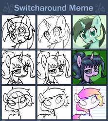 Size: 2500x2813 | Tagged: safe, artist:kabayo, artist:omelettepony, artist:plunger, imported from twibooru, lyra heartstrings, oc, oc:stickmare, pony, unicorn, female, image, mare, needs more jpeg, stickmare, switcharound meme