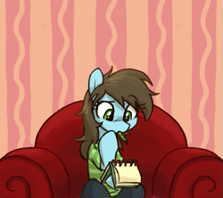 Size: 817x726 | Tagged: safe, artist:plunger, imported from twibooru, oc, oc only, earth pony, pony, armchair, clothes, female, image, mare, mouth hold, notepad, pencil, png, sitting, solo