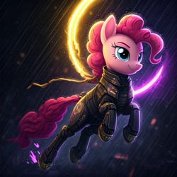 Size: 1024x1024 | Tagged: safe, generator:nightcafe ai, imported from twibooru, pinkie pie, ai content, ai generated, cyberpunk, generator:google imagen 3.0, image, music, needs more jpeg, ninja