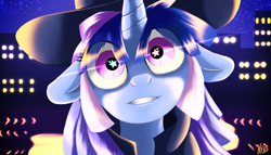 Size: 3348x1920 | Tagged: safe, artist:jphyperx, imported from derpibooru, oc, oc:flawless sparklemoon, pony, unicorn, city, cityscape, female, fusion, fusion:trixie, fusion:twilight sparkle, fusion:twixie, grin, hat, horn, looking at you, mare, my little pony the movie - shattered harmony, outdoors, smiling, solo, staring into your soul, starry eyes, starry night, top hat, water, wingding eyes