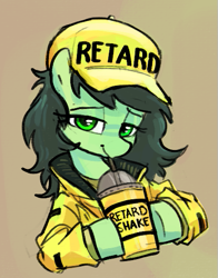 Size: 415x530 | Tagged: safe, artist:plunger, imported from twibooru, oc, oc only, oc:filly anon, earth pony, pony, /mlp/, 4chan, baseball cap, brown background, bust, cap, clothes, female, filly, hat, hoof hold, image, jacket, lidded eyes, looking at you, png, retard, simple background, smiling, smiling at you, solo, vulgar