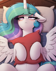 Size: 1344x1700 | Tagged: safe, imported from twibooru, princess celestia, alicorn, pony, ai content, ai generated, bed, female, generator:zoinksnoob, horn, hug, image, lidded eyes, mare, pillow, pillow hug, png, prompter:ramprover, solo, solo female, tired, wings